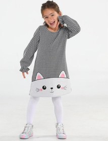 Resim Parlak Kedi Nakışlı Kazayağı Kız Elbise-desenli Gri - Beyaz 