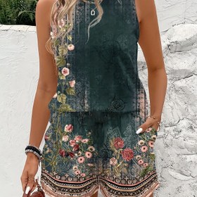 Resim İlkbahar-Yaz Modası Retro Yeşil Çiçek Baskılı Yelek ve Şortlu Rahat İki Parçalı Takım 