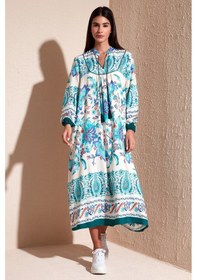 Resim Lela Modest Desenli Regular Fit Bağlamalı V Yaka Maxi Bayan Elbise 611El510 Yeşil 