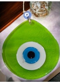 Resim Mavi Nazar Boncuklu Şeffaf Açık Yeşil Renk Nazar Boncuklu Damla Desen El Yapımı Duvar Süsü 