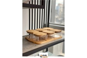 Resim Feyza Design 6'lı Bambu Kapaklı Cam Kahvaltılık Seti, Şık ve Kullanışlı Tasarım 