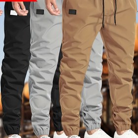 Resim 3'lü Erkek Düz Renkli Bağcıklı Jogger Pantolon - Günlük Kargo Kırpılmış Pantolon, Polyester, Makinede Yıkanabilir, Siyah, Koyu Gri, Zeytin Yeşili Yama Detaylı 