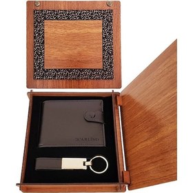 Resim Büro Ev Ofis Hediyesi İçin Ahşap Deri Kutulu Anahtarlıklı Cüzdan Seti 