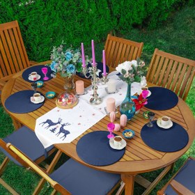 Resim Lacivert Mery Christmas Geyik Motifli Üçgen Püsküllü Runner 1 Adet ve 6 Adet Lacivert Renkli Supla 