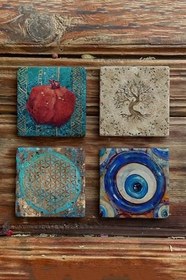 Resim Oscar Stone Decor Taş Bardak Altlığı Stone Coasters - 4Lü Set Hayat Ağacı Nar Yaşam Çiçeği Ba530 