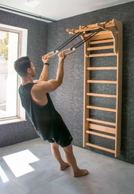 Resim Ahşap İsveç Duvarı & Barfiks Ünitesi 220×70 cm | El Yapımı | 150 Kg Taşıma Doğal Verniksiz - Doğal Verniksiz 