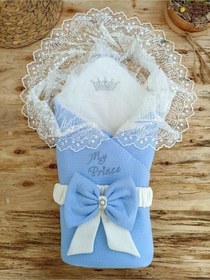 Resim Yeni Sezon Özel Tasarım Bebek Kundağı Unisex Bebek Dış Kundak Battaniyesi Dantelli Hastane Çıkışı Mavi 