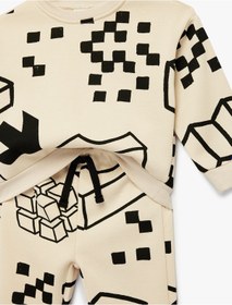 Resim Koton Şardonlu Uzun Kollu Bisiklet Yaka Oversize Eşofman Takım Bej Desenli 6smb10145tk Ekru 