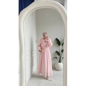 Resim Esra Butik Pudra Pembe Kuşaklı Volanlı Tensel Uzun Tesettür Elbise 