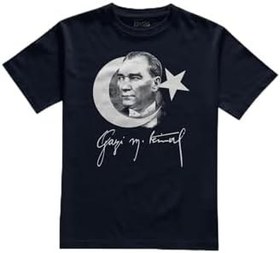 Resim Atatürk Gazi Mustafa Kemal 10 Kasım Türk Bayrağı Baskılı Lacivert T-shirt Unisex Tişört 