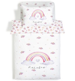 Resim Evmila Çiçekli Gökkuşağı Desenli Nevresim Takımı - 160x220cm Nevresim +50x70cm Yastık Kılıfı+90x190cm Çarşaf 