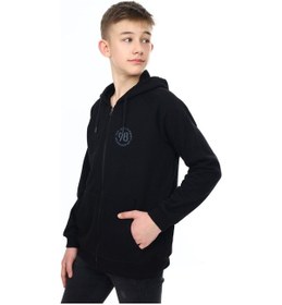 Resim Toontoy Kids Toontoy Erkek Çocuk Kapüşonlu Fermuarlı Cepli Düşük Omuz Baskılı Reglan Kol Örme Hırka Siyah 