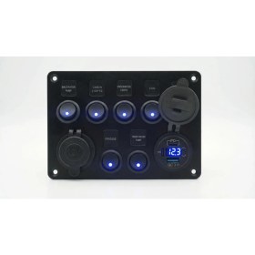 Resim Revex Sigortalı Karavan Tekne Kontrol Paneli 7 Adet On-Off Tuş 2x PD+QC 3,0 Hızlı Şarj+USB Soket +12/24v Voltaj Göstergesi 1 Adet Çakmaklık 12V 