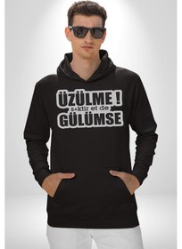 Resim Üzülme Gülümse Yazılı Kadın Erkek Siyah Kapüşonlu Sweatshirt Hoodie Siyah 