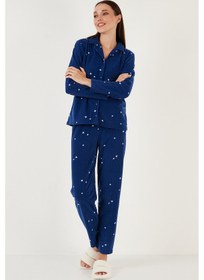 Resim Lela Regular Fit Gömlek Yaka Önden Düğmeli Polar Bayan Pijama Takımı 6571009W4 Lacivert 