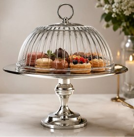 Resim Elegantia Gümüş Kaplama & Kesme 32cm x 32 cm Cam Pasta Standı - OVAL 
