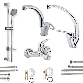 Resim Elmina Armatür Sürgülü Duş - Banyo - Lavabo - Mutfak Bataryası Çeşmesi Musluğu 4'lü Set Daphne 