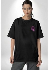 Resim Kelebekler Kanser Günü Ve Kadınlar Günü Siyah Oversize Unisex Ön Sol Yan Minimal Baskılı Tişört Koyu Siyah 