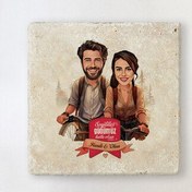 Resim Bisikletteki Aşıklar Çiftlere Özel Karikatürlü Taş Bardak Altlığı 