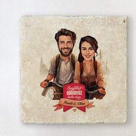 Resim Bisikletteki Aşıklar Çiftlere Özel Karikatürlü Taş Bardak Altlığı 