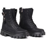 Resim Kadın Siyah Postal Bot Kalın Taban Fermuarlı Bağcıklı Tokalı Rahat Günlük Şık Ve Dayanıklı Siyah 