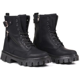 Resim Kadın Siyah Postal Bot Kalın Taban Fermuarlı Bağcıklı Tokalı Rahat Günlük Şık Ve Dayanıklı Siyah 