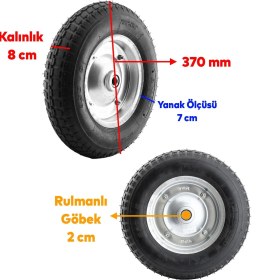 Resim Nzb Havalı Dublex El Arabası Yük Taşıma Tekeri Siboplu Bilyeli Rulmanlı 370X80 mm Çelik Jant Tekerlek 