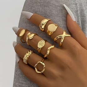 Resim 9 adet Geometrik Alaşım Halka Seti, Spiral Desenli Boş Dekorasyon, Kadınlar İçin Basit Halka, Günlük veya Tatil Giyimine Uygun 