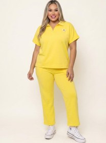 Resim Kadın Büyük Beden Kısa Kollu Polo Yaka Taş Detaylı Eşofman Takımı 8275-26 - Sarı / XL 