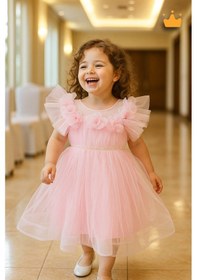 Resim Babyhola 2-8 Yaş Gül Yakalı Grenli Kabarık Tül Kız Bebek Çocuk Abiye Elbise Bayramlık Gelinlik 3502 Pudra 