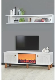 Resim Lidya Şömineli Tv Sehpası Şık Kapaklı Tasarım 36 Inç Ekran Üzeri Uyumlu 150x36x50 Cm 