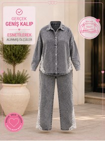 Resim Trieste Büyük Beden Yakalı Düğmeli Tunik Gömlekli Paçası Dantel Detaylı Denim Kadın İkili Takım 
