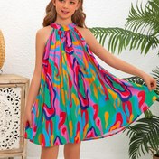 Resim Boho Tarzı Çift Kız Yazlık Elbise, %100 Polyester Ruched Göğüs Etekli Askılı Kolsuz Tunik, Geometrik Desen Örgü Gevşek Fit Rahat Tatil Giyimi 