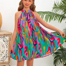 Resim Boho Tarzı Çift Kız Yazlık Elbise, %100 Polyester Ruched Göğüs Etekli Askılı Kolsuz Tunik, Geometrik Desen Örgü Gevşek Fit Rahat Tatil Giyimi 