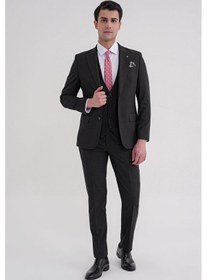 Resim Efor Slim Fit Çift Yırtmaç Ekoseli Esnek Yünlü Yelekli Klasik Siyah Takım Elbise Tk 934 Siyah 