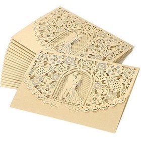 Resim İnci Kağıdı Düğün Davetiyesi - Yeni Evliler İçin Lazer Kesim Desenli, 20 Adet, Altın Rengi, İç Sayfasız 