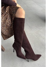 Resim Melodi Acı Kahve Süet Hakiki Deri Topuklu Çizme Kahve 