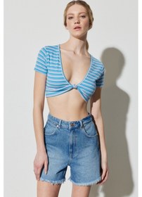 Resim Regular Fit Normal Kesim V Yaka Çizgili Crop Bluz W231671400 