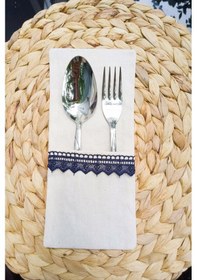 Resim 6 Adet Keten Lacivert Dantelli Kaşıklık Servis Sunum 