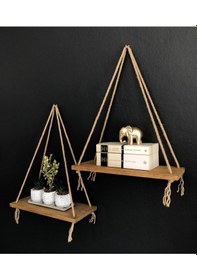 Resim O&Awood 2'Li Halatlı Doğal Ahşap Raf, Dekoratif Duvar Rafı, Meşe 