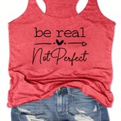 Resim Be Real Letter Print Casual Yuvarlak Yaka Spor Tank Üstü, Kolsuz Koşu Fitness Racerback Yelek Üstü, Kadınlar Aktif Giyim 