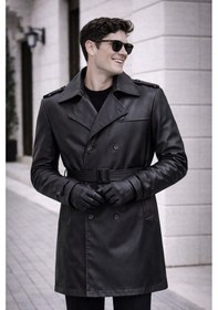 Resim Erkek Modern Kalıp Trençkot - Kemerli, Çift Düğmeli, Zamansız Tasarım Siyah 