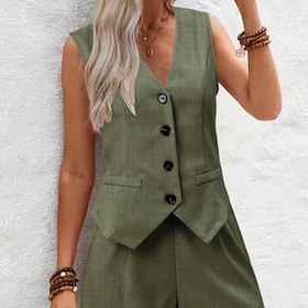 Resim Moda ve çok yönlü şık iş tarzı V yaka düğme dekoratif elastik bel kısa kadın iki parçalı takım 