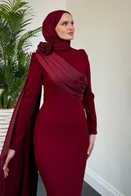 Resim Tesettür Diyarı Roseli Pelerinli Omzu Gül Detaylı Krep Tesettür Abiye- Bordo 