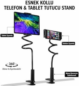 Resim Esnek Telefon ve Tablet Tutucu Teleskopik Metal Hortumlu, Esnek Gooseneck, Siyah 