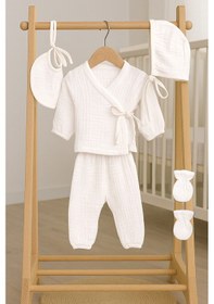Resim Sitilin Müslin 5'li Kimono Bağcıklı %100 Pamuk Hastane Çıkışı Yenidoğan Bebek Hediye Set 7074 Ekru 