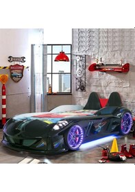 Resim Arabalı Yatak - Jaguar Bazalı Arabalı Yatak Full Ledli Koltuklu Siyah 