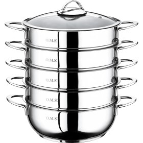 Resim Oms Collection 6090-C - 6 Parça Paslanmaz Çelik, Cam Kapaklı 34x10 Cm - 8 Litre Buharlı Pişirici, Mantı Tenceresi 