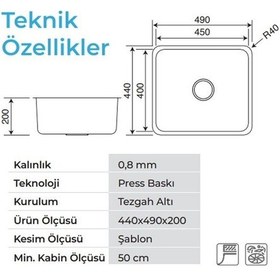 Resim Crauf Lavello 3050 Mat Inox 40 45 Tezgah Altı Paslanmaz Çelik Mutfak Eviyesi Inox 