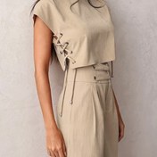 Resim Kadınların Şık Bej Polyester Takımı - Kısa Kollu, Düğmeli Üst ve Geniş Bacaklı Pantolon Bahar/Yaz, Rahat Kıyafet|Şık Takım|Polyester Kumaş 